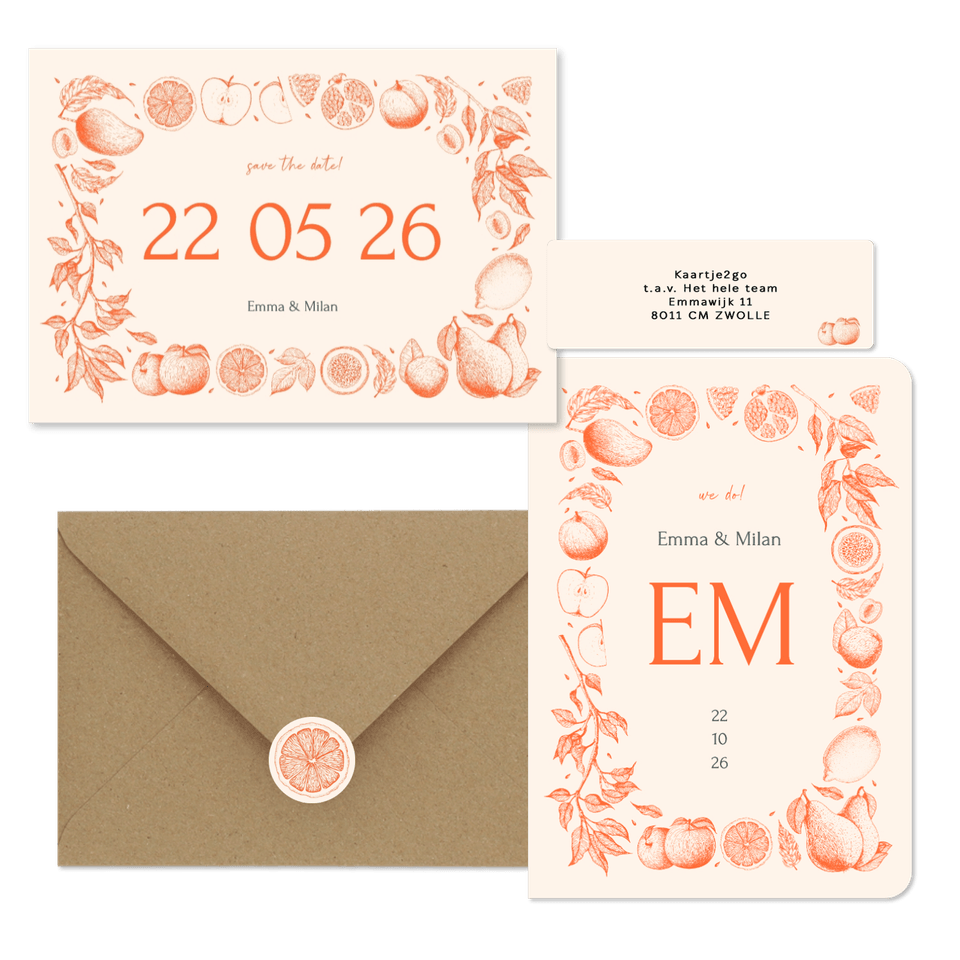 Trouwset met vintage lijntekeningen van fruit