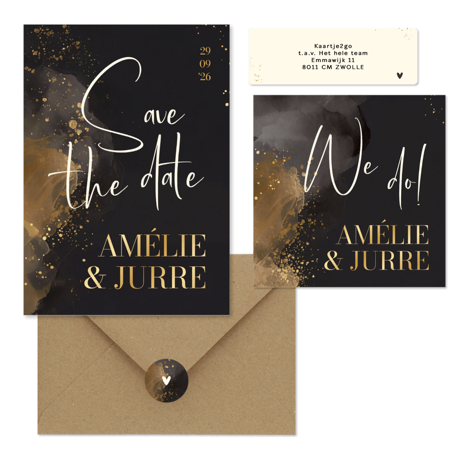 Stijlvolle trouwset donkergrijs waterverf goud handgeschreven