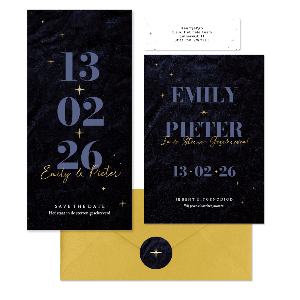 Trouwset blauw fluweel met gouden sterretjes