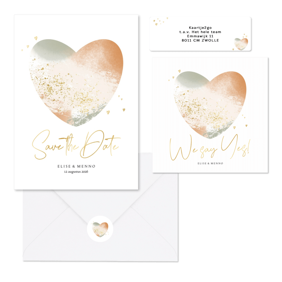 Trouwset met abstract hart van verfstroken