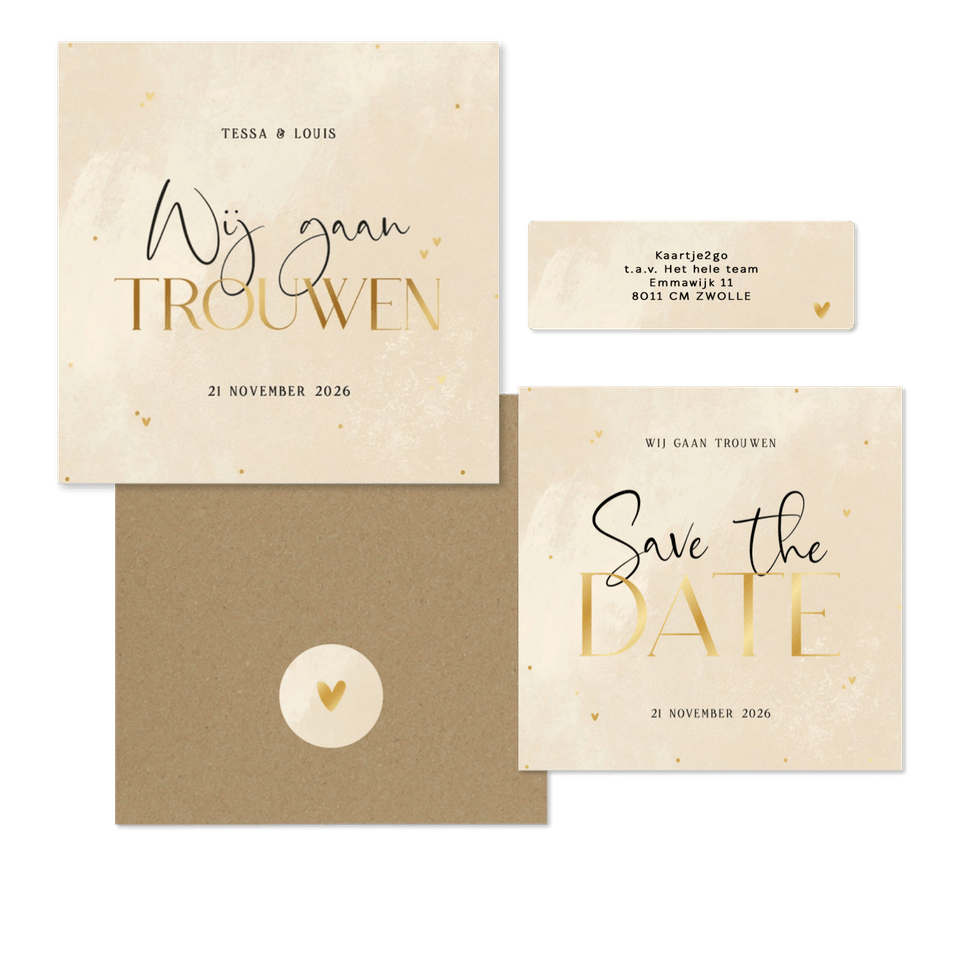 Trouwen steenlook beige gouden hartjes stipjes