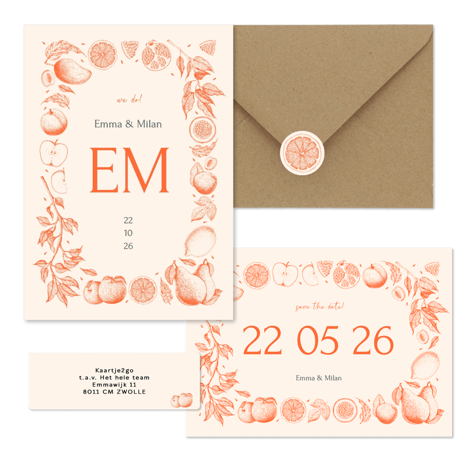 Trouwset met vintage lijntekeningen van fruit