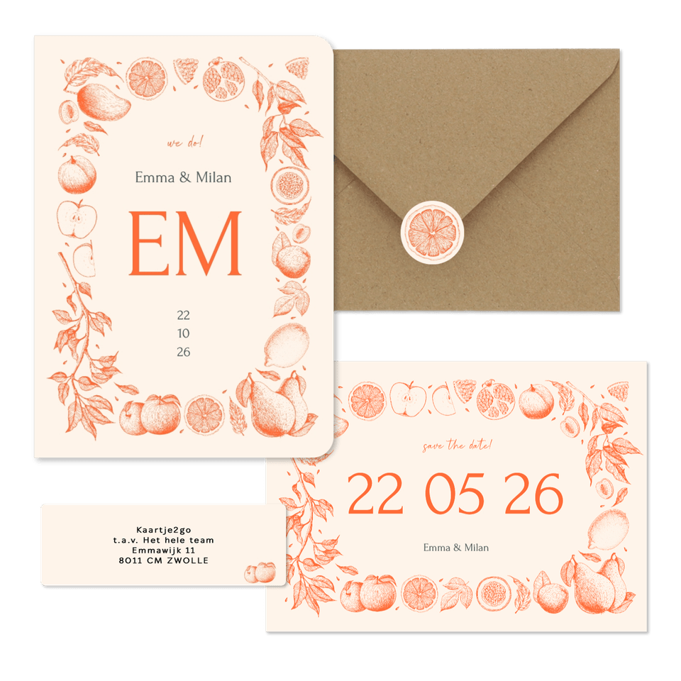 Trouwset met vintage lijntekeningen van fruit