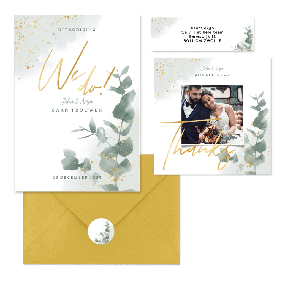 Stijlvolle trouwset met waterverf eucalyptus