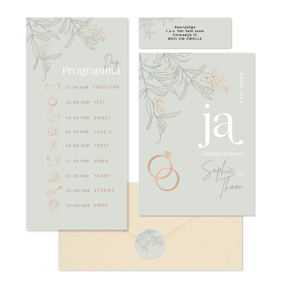 Trouwset groen met takjes en koper symbolen
