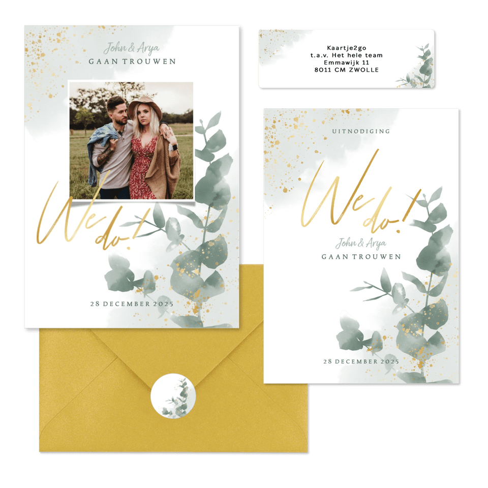 Stijlvolle trouwset met waterverf eucalyptus