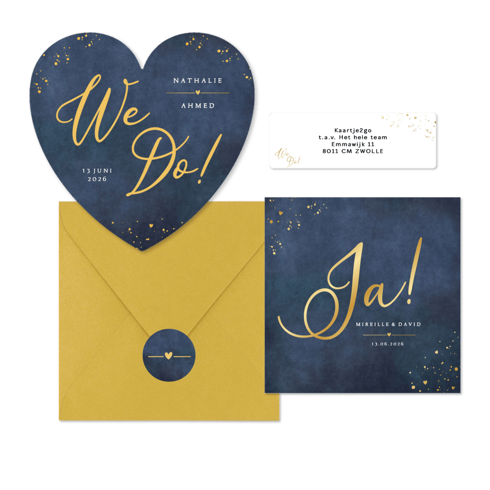 Klassieke donkerblauwe trouwset met goudfolie