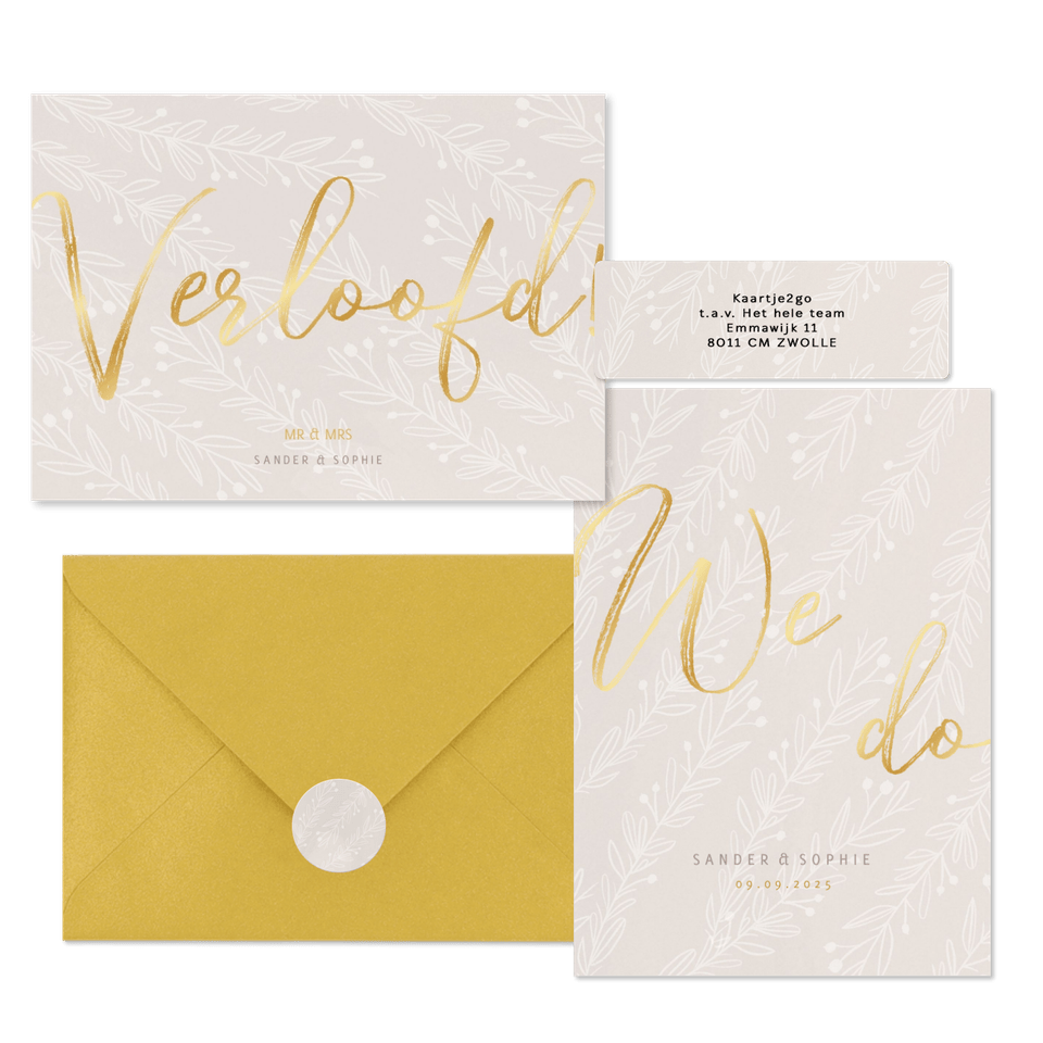 Moderne beige trouwset met takjes en goud