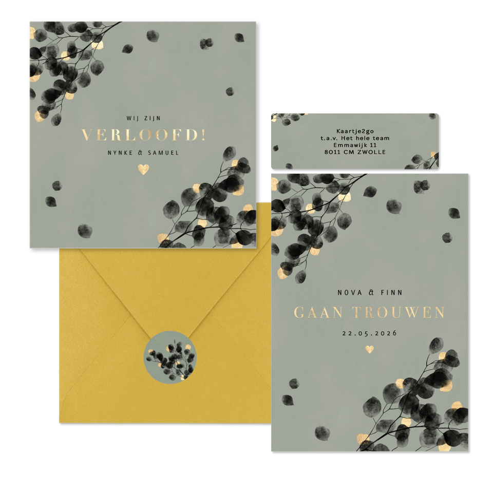 Trouwset zwarte eucalyptus takjes met goud