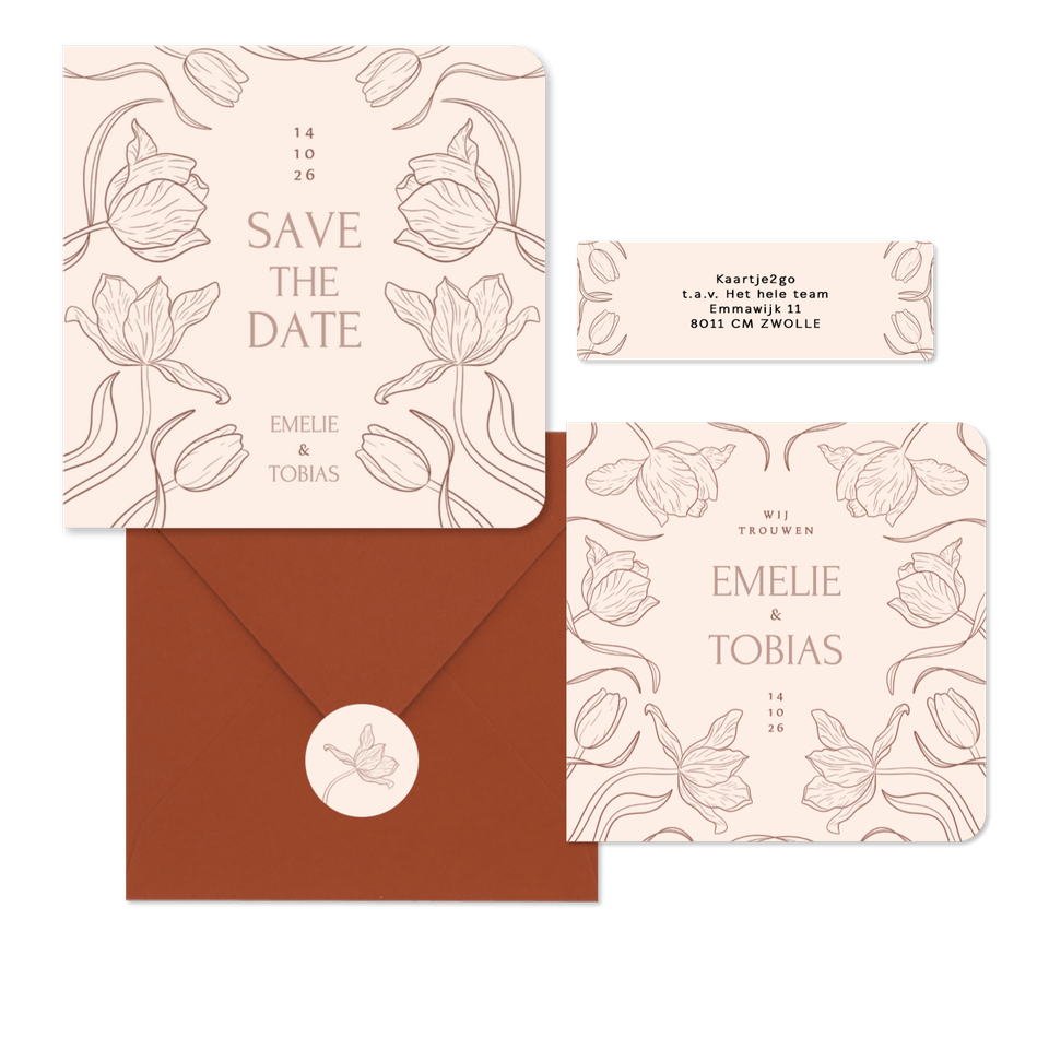 Klassieke trouwkaartenset met art deco tulpen beige