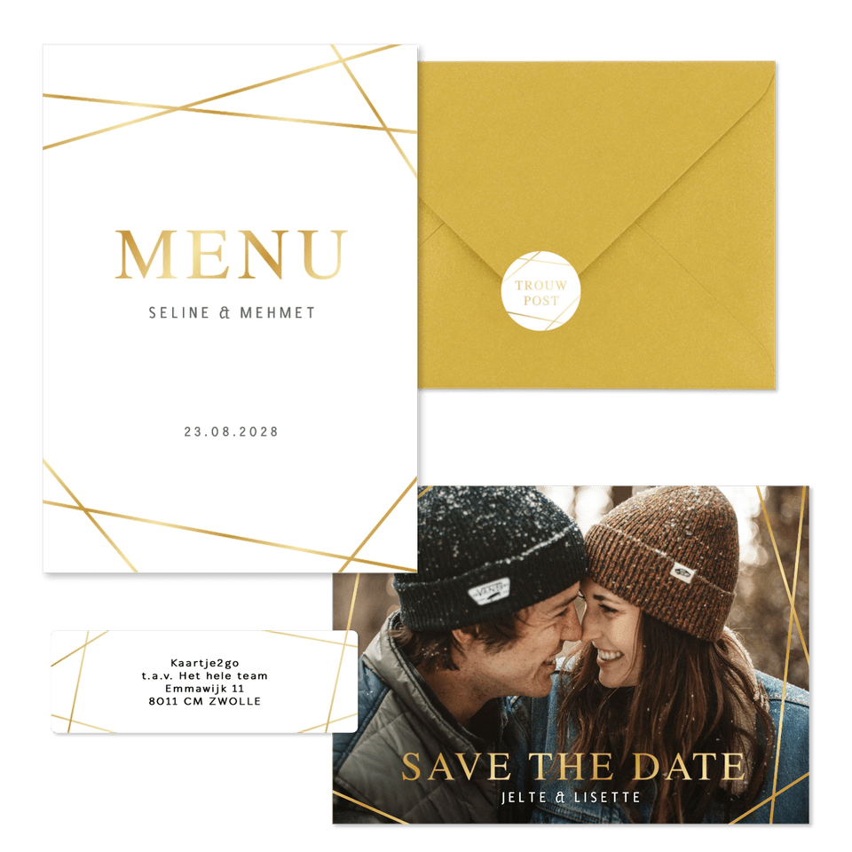 Trouwset gouden geometrische lijnen en foto