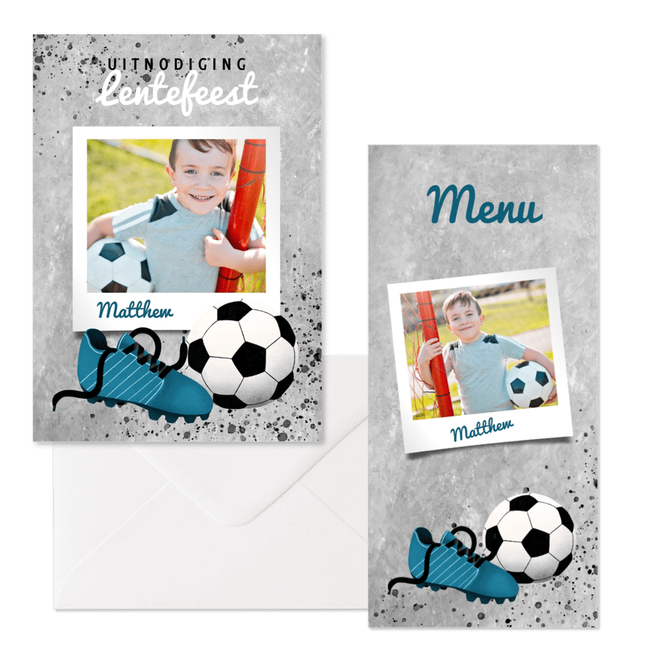 Voetbalthema met betonlook, spetters en foto's