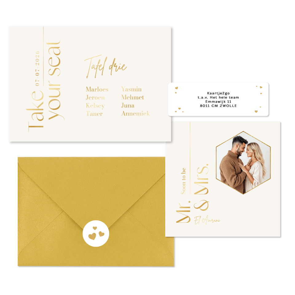 Trouwkaarten set tijdloos stijlvol goud typografisch