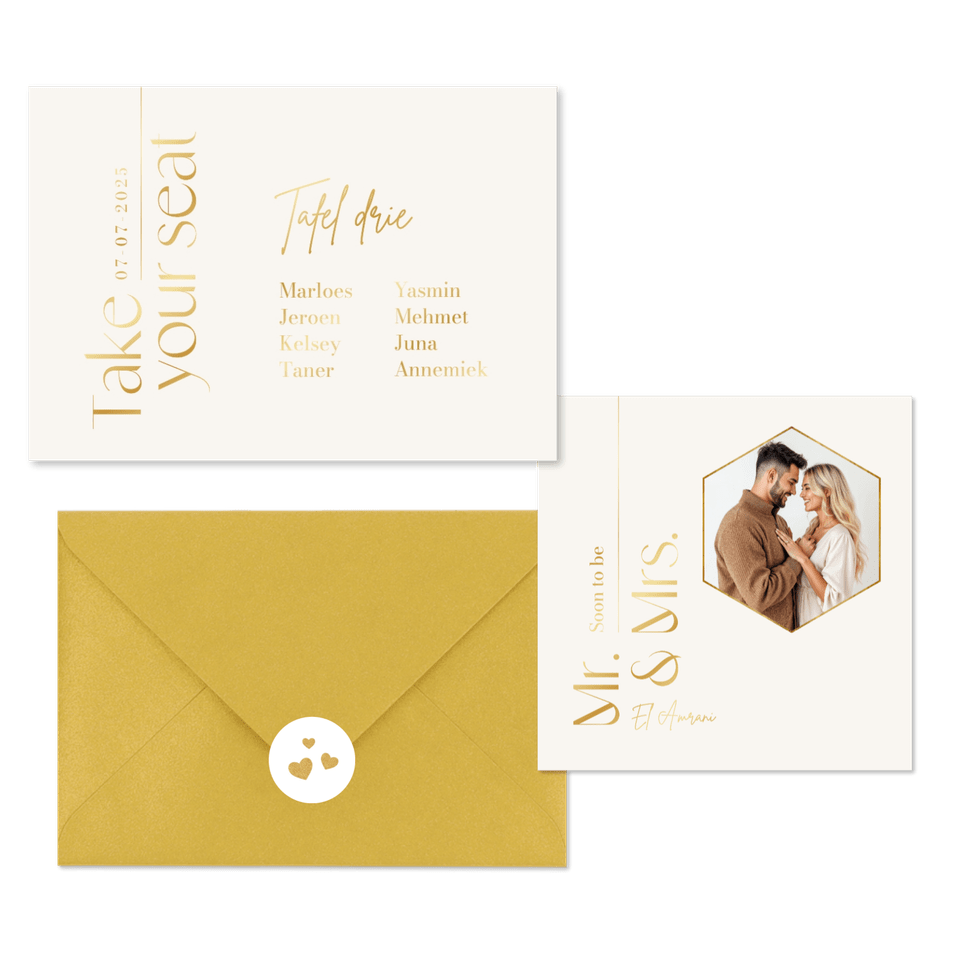 Trouwkaarten set tijdloos stijlvol goud typografisch