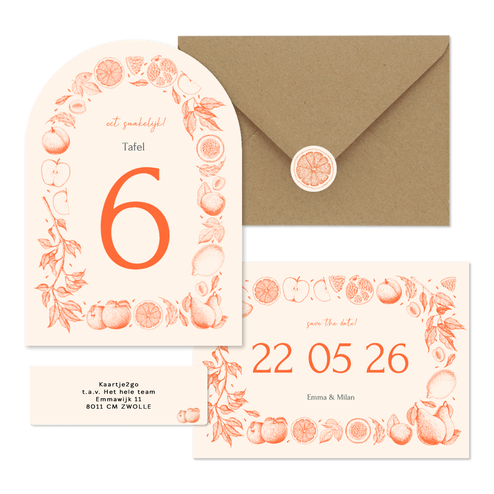 Trouwset met vintage lijntekeningen van fruit