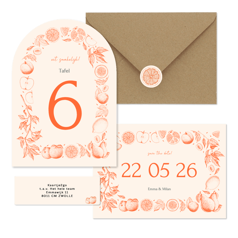 Trouwset met vintage lijntekeningen van fruit