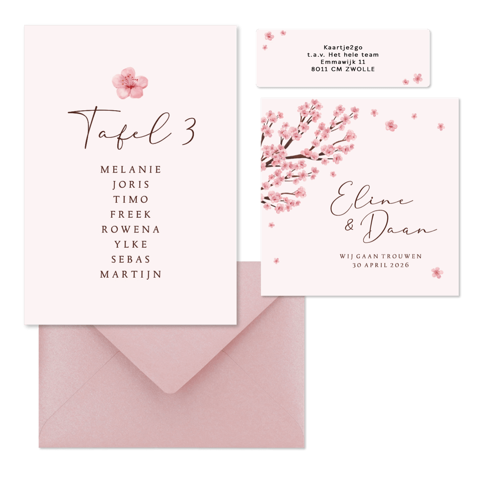 Trouwkaarten set kersenbloesem lente romantisch