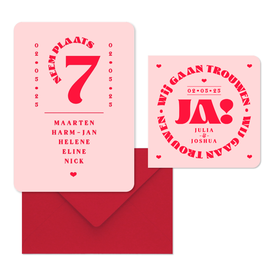 Trouwkaarten set modern typografisch romantisch hip roze rood