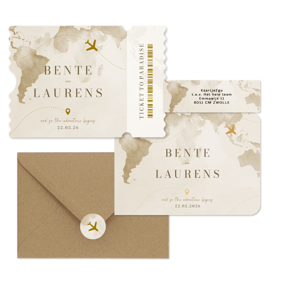 Trouwset reisthema waterverf wereld vliegtuig