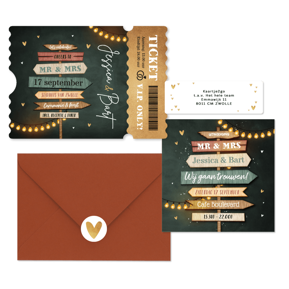 Trouwkaarten set festival wegwijzers hout lampjes