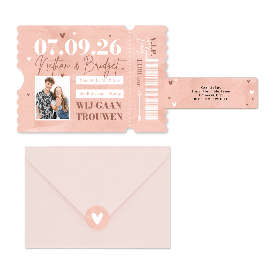 Trouwkaarten roze waterverf hip hartjes ticket