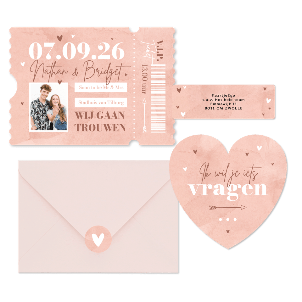 Trouwkaarten roze waterverf hip hartjes ticket