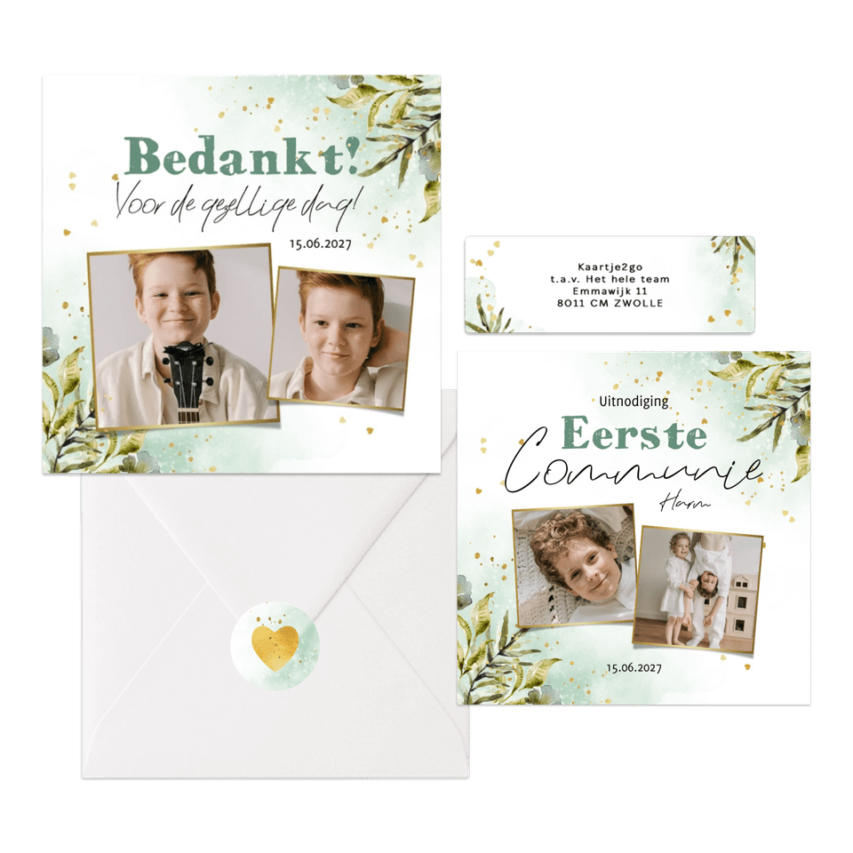 Stijlvolle set communiekaarten botanische bladeren watercolour en goud