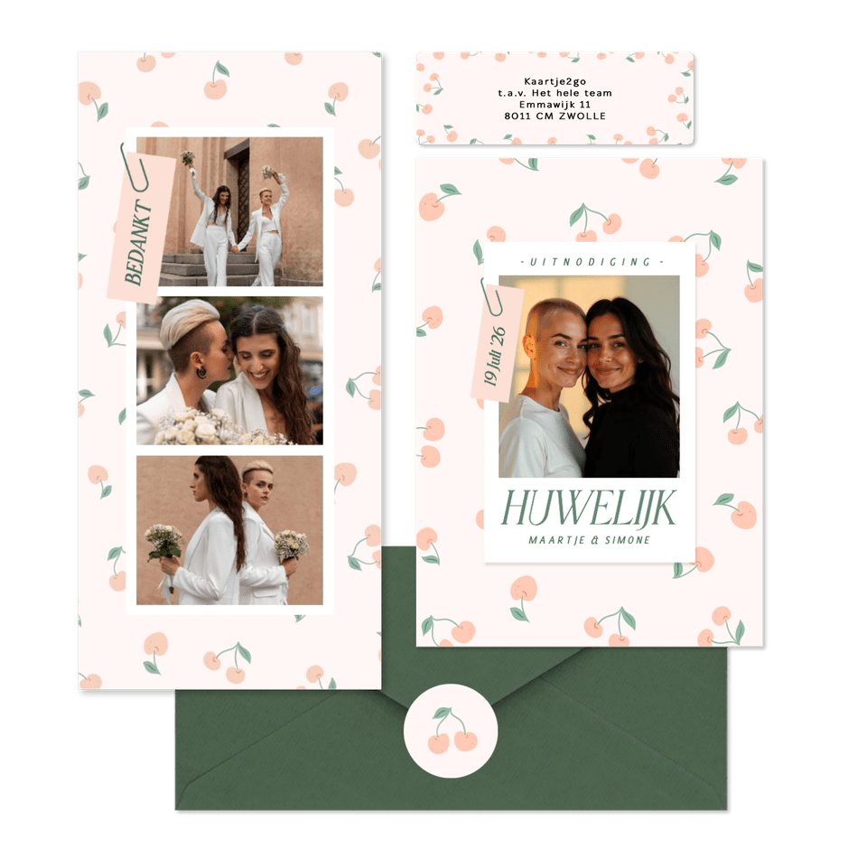 Trouwset met vrolijke kersjes in oranje roze en groen