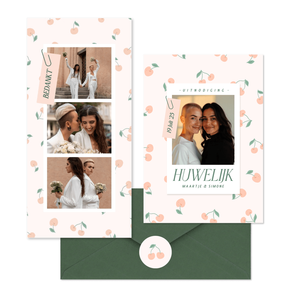 Trouwset met vrolijke kersjes in oranje roze en groen