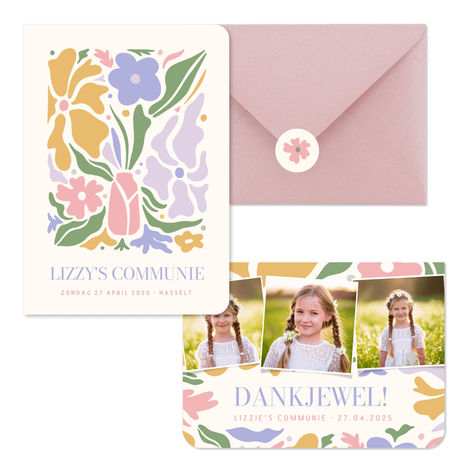 Trendy communieset meisje met pastel bloemen