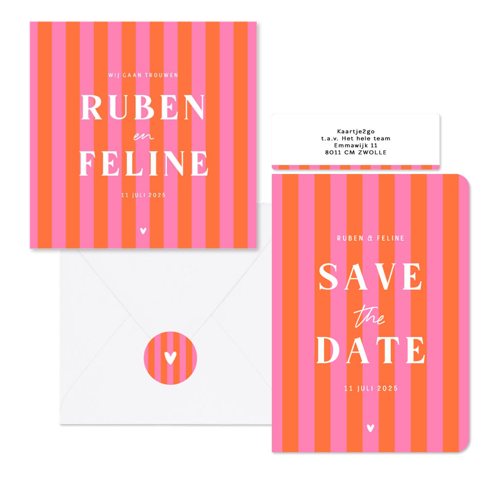 Hip en trendy trouwset gestreept roze oranje hartje