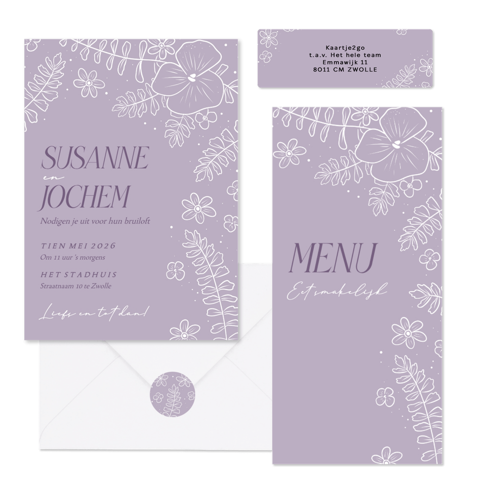 Lila trouwset met bloemen in witte lijnen