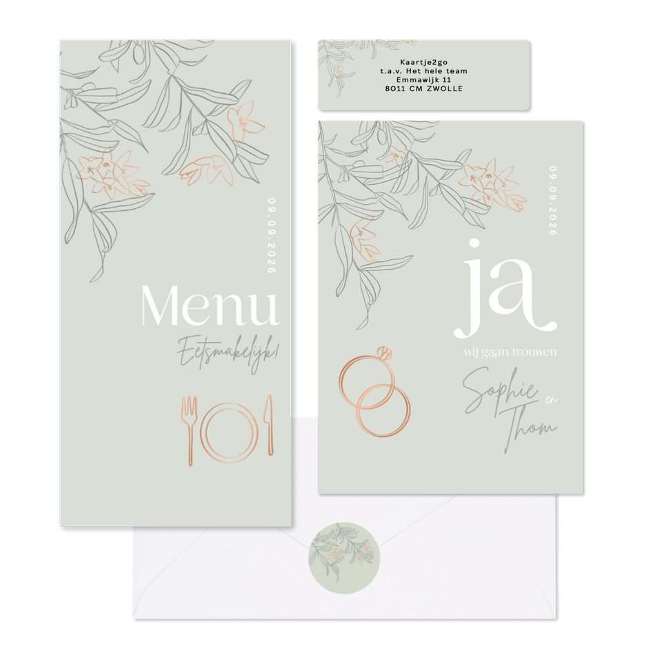Trouwset groen met takjes en koper symbolen