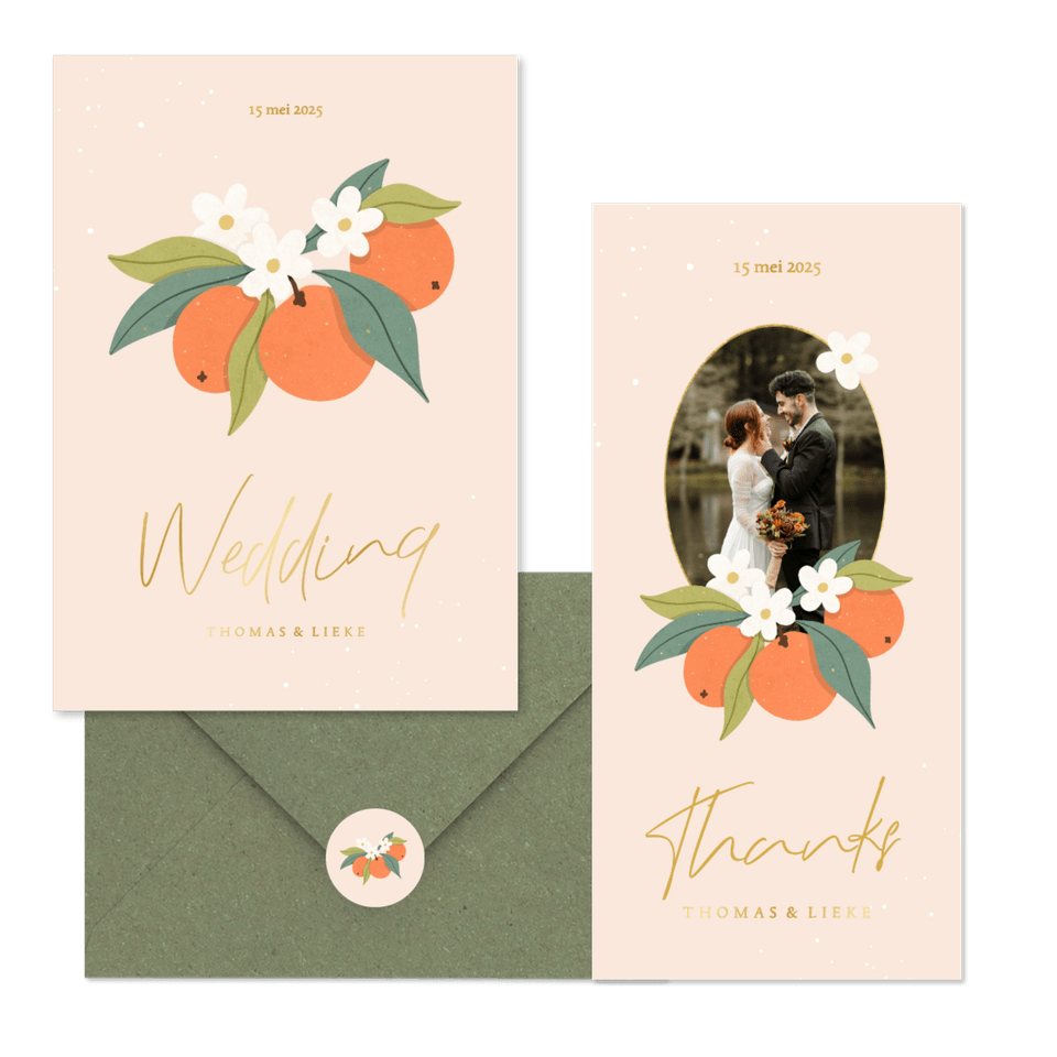 Zomerse trouwset met sinaasappels en goudfolie