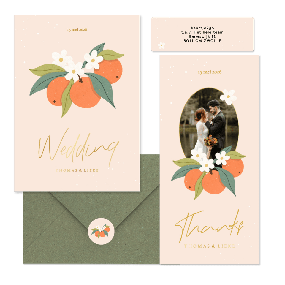 Zomerse trouwset met sinaasappels en goudfolie