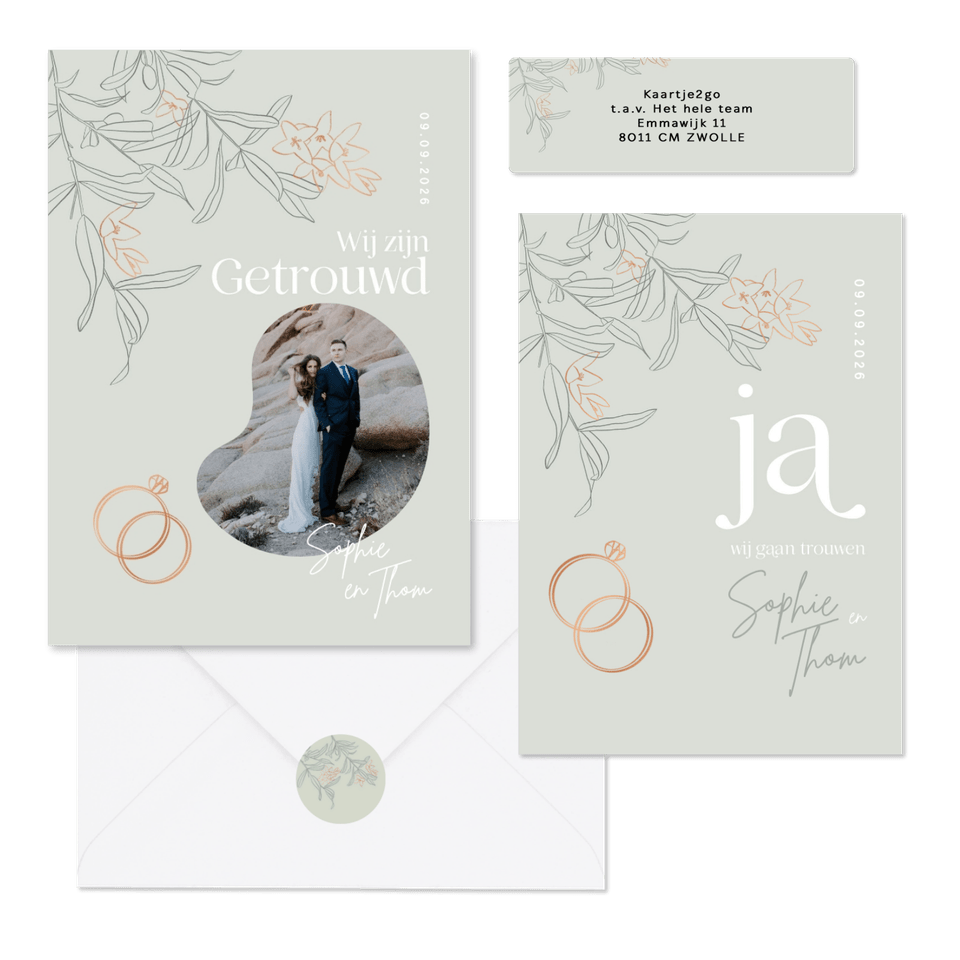 Trouwset groen met takjes en koper symbolen