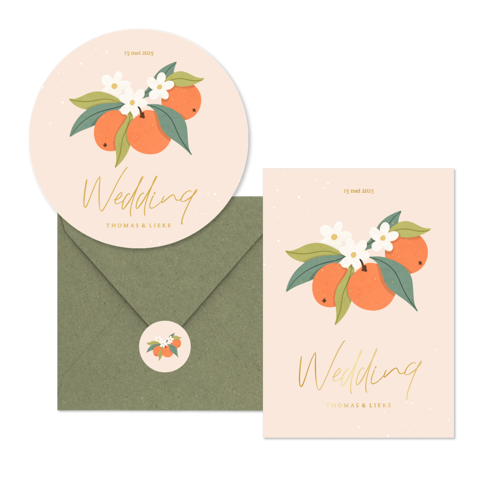 Zomerse trouwset met sinaasappels en goudfolie