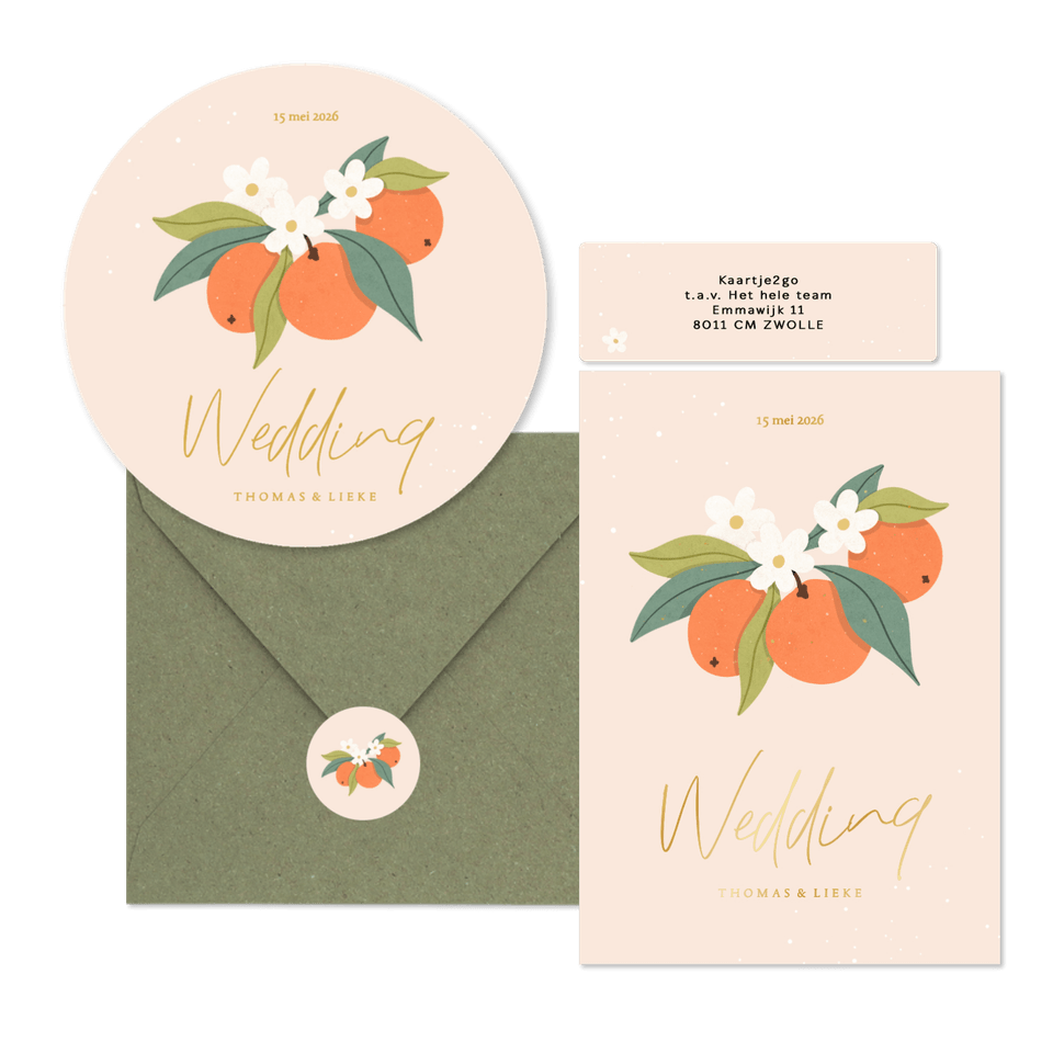 Zomerse trouwset met sinaasappels en goudfolie