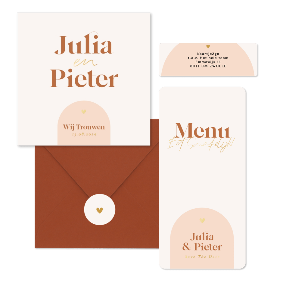 Moderne trouwkaarten met oranje boog en goudfolie