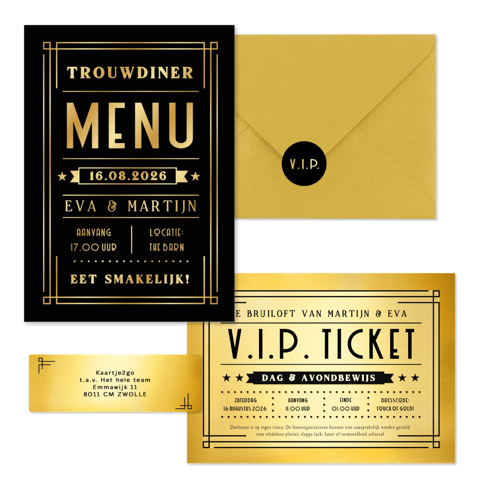 Trouwkaartenset VIP ticket goud
