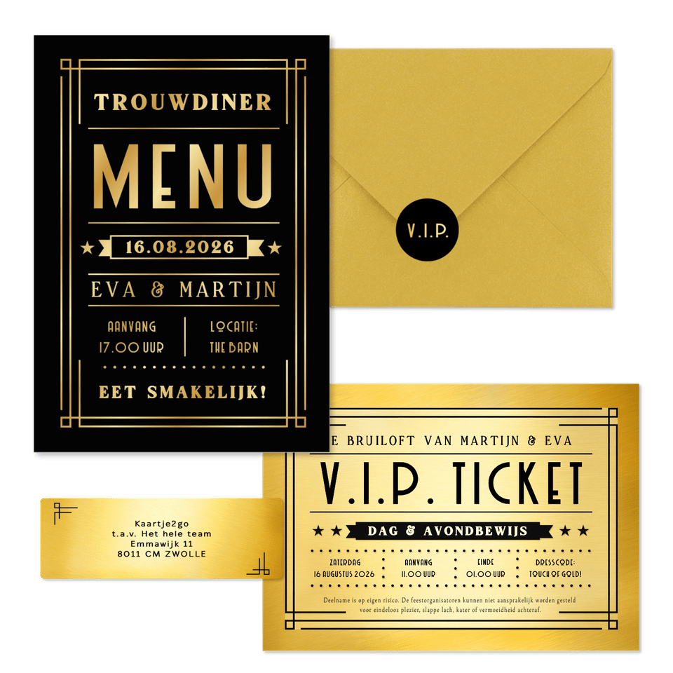 Trouwkaartenset VIP ticket goud