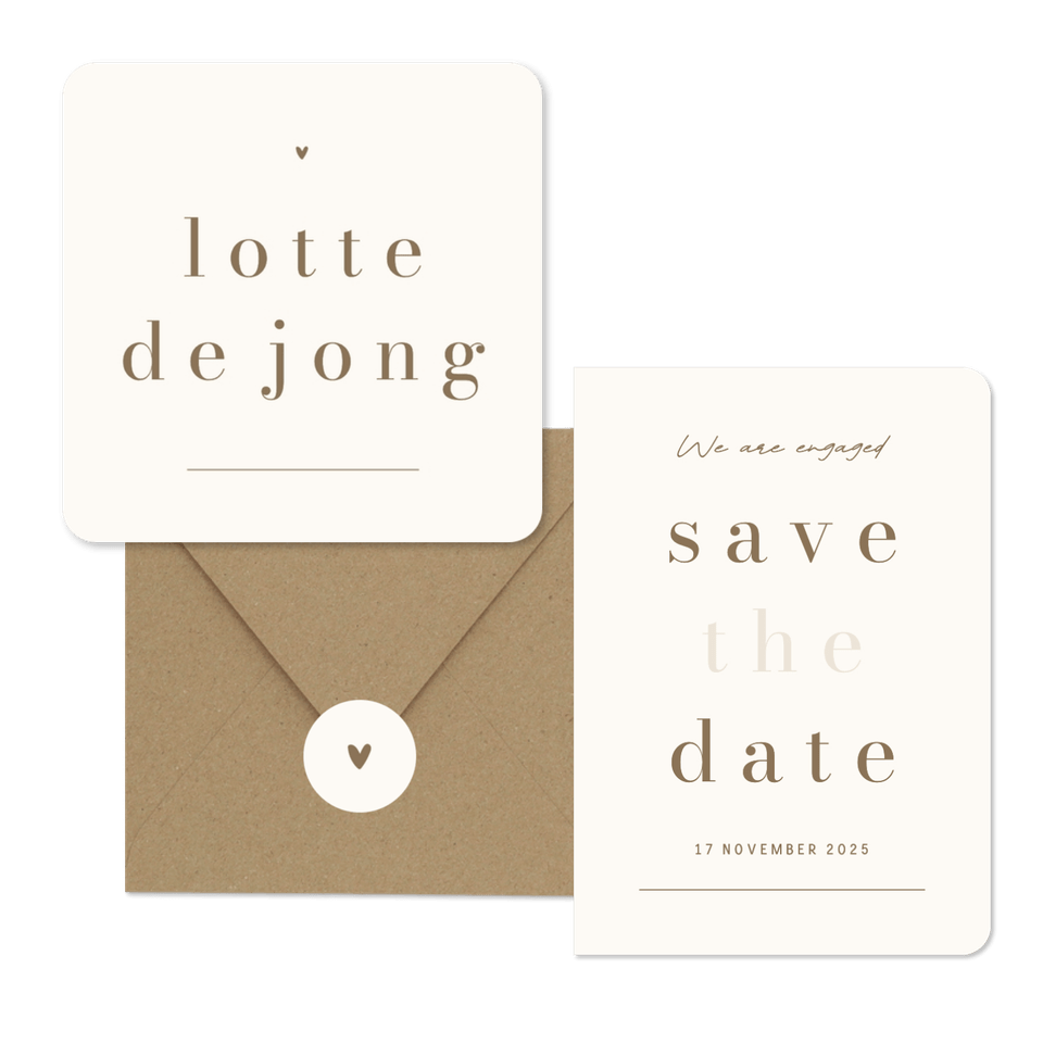 Minimalistische trouwkaart beige met bruin streep