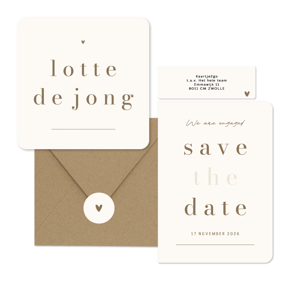 Minimalistische trouwkaart beige met bruin streep