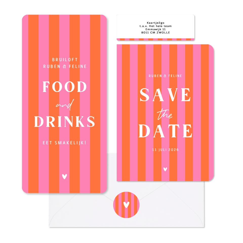 Hip en trendy trouwset gestreept roze oranje hartje