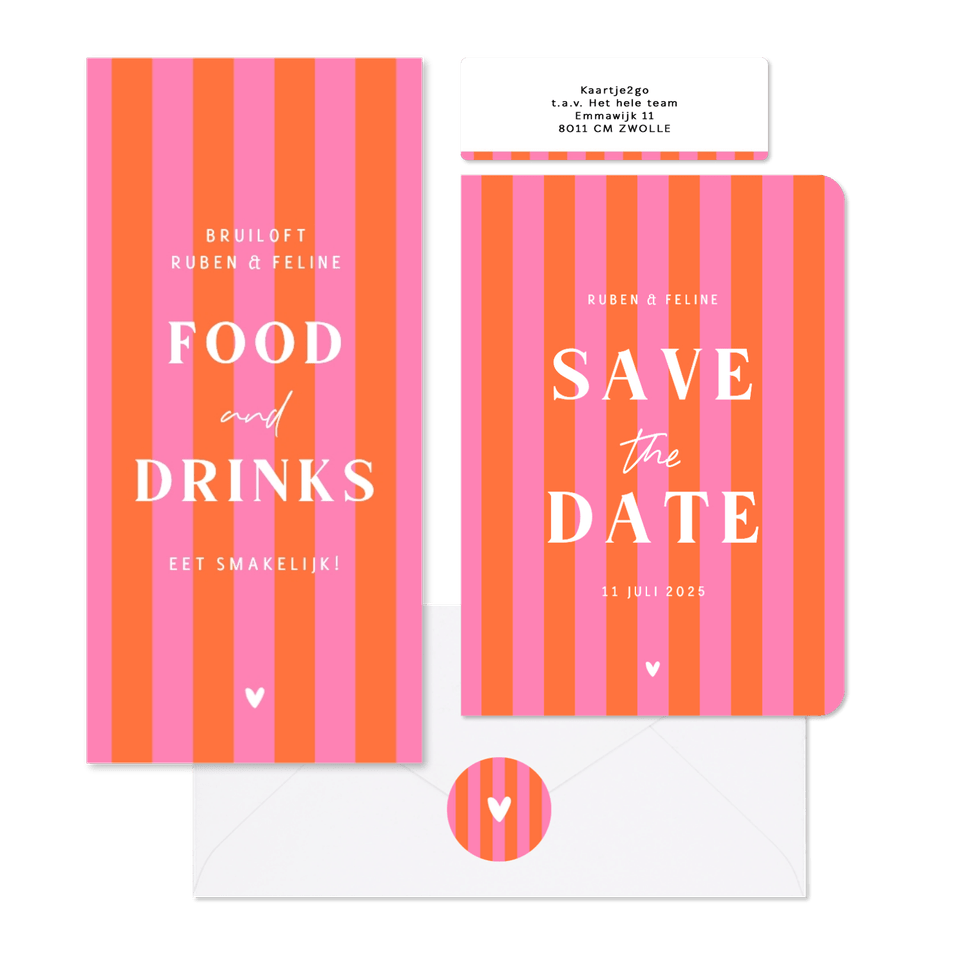 Hip en trendy trouwset gestreept roze oranje hartje