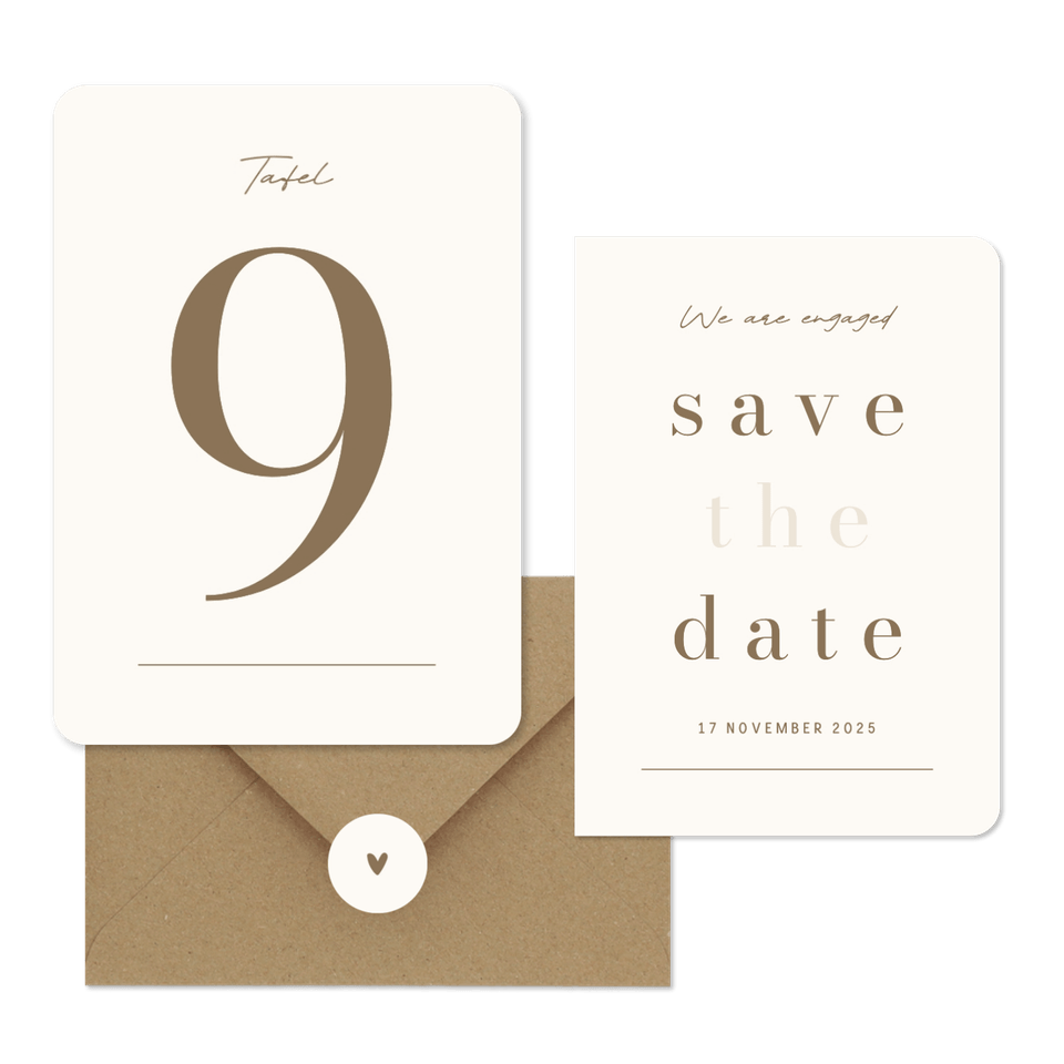 Minimalistische trouwkaart beige met bruin streep