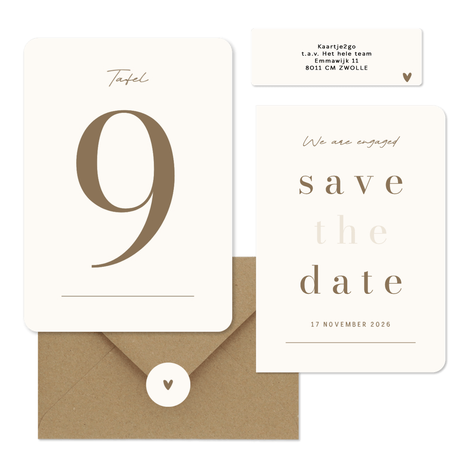 Minimalistische trouwkaart beige met bruin streep