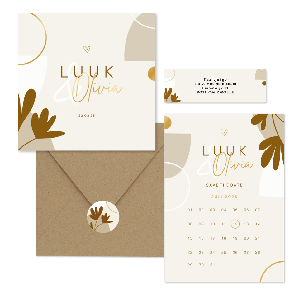 Trouwkaartenset naturel met abstracte vormen