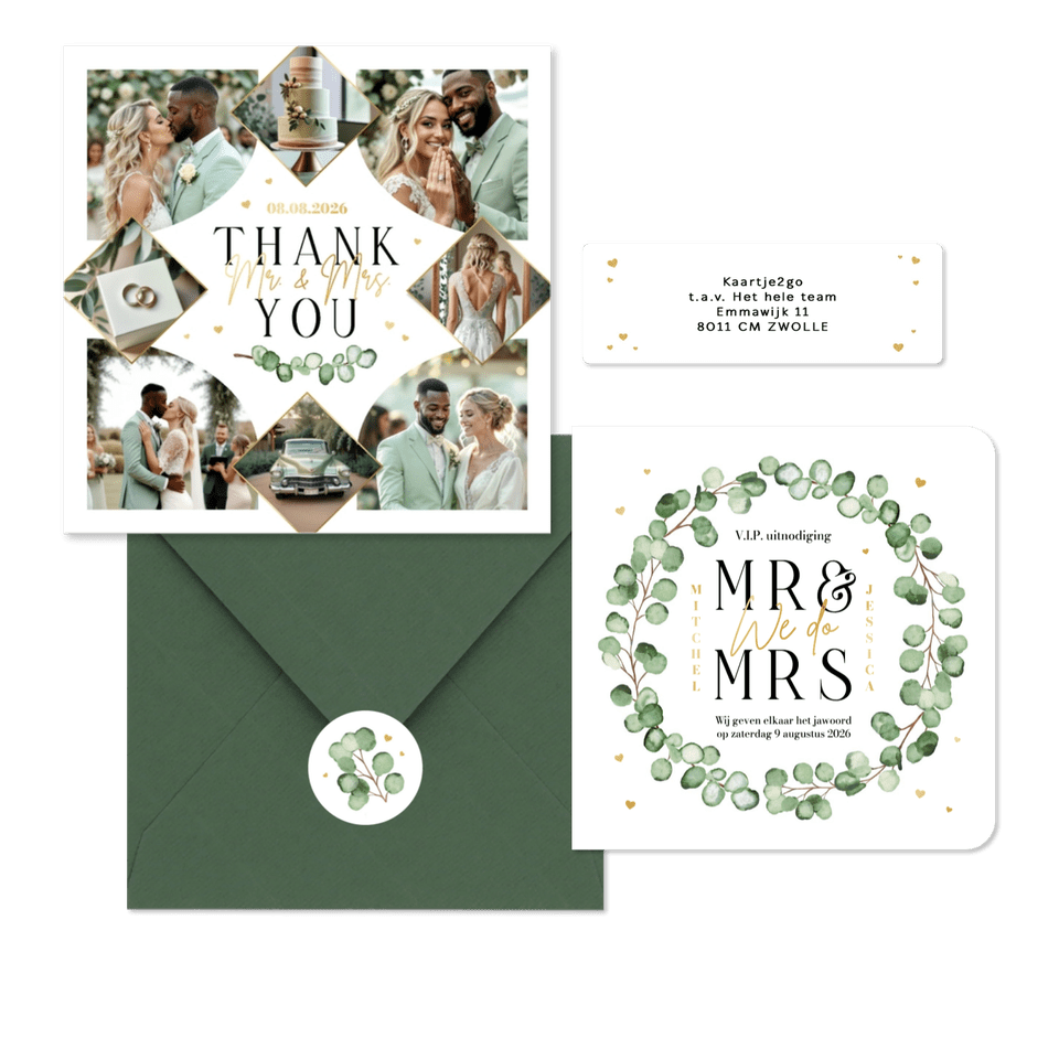 Trouwkaarten set eucalyptus stijlvol hip modern hartjes goud romantisch