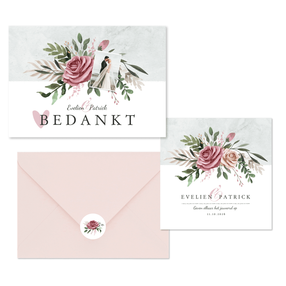 Trouwkaarten stijlvol aquarel rozen en takjes
